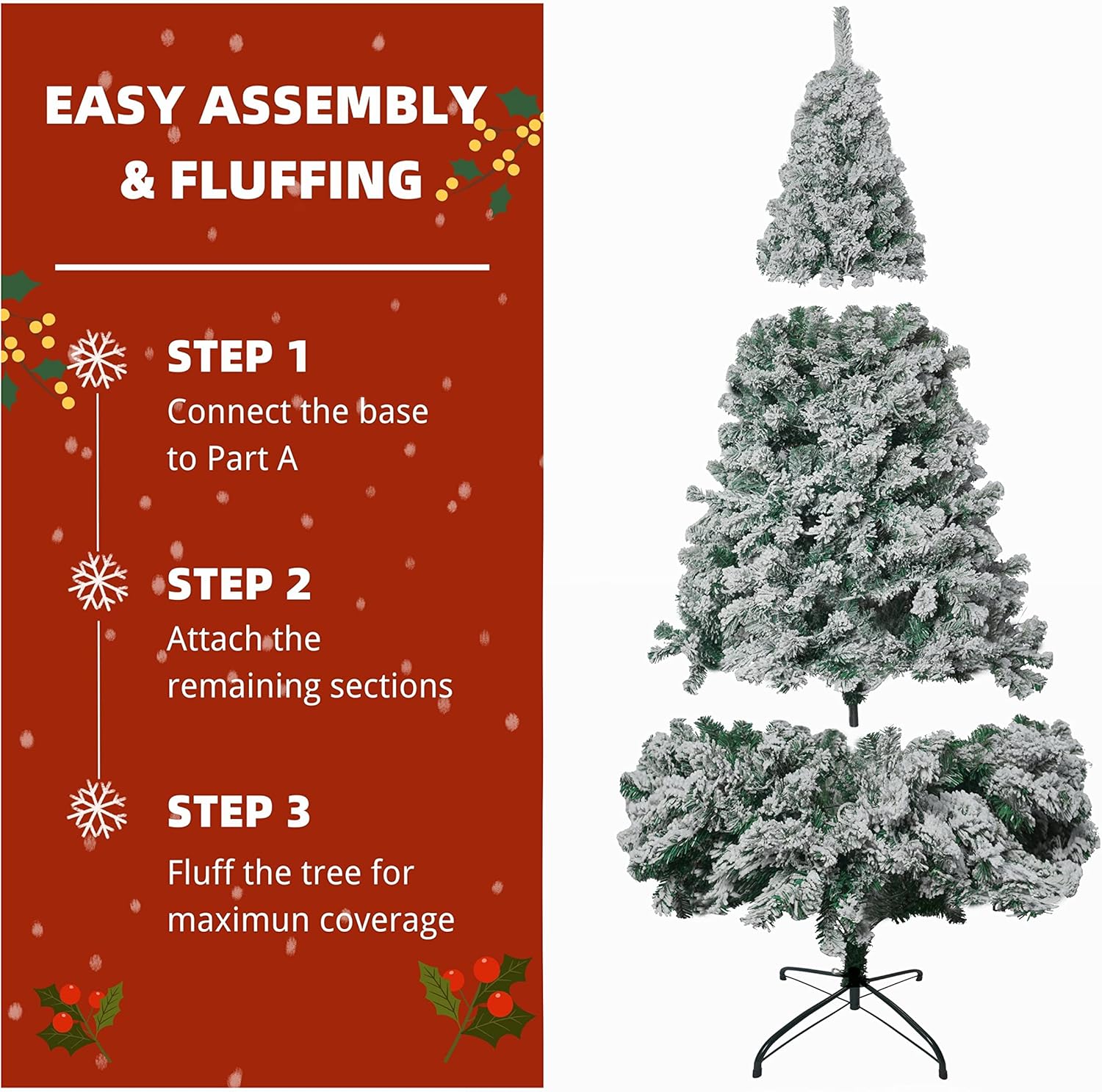 Asinse 7FT Snow Flocked Christmas Tree, Artificial Spruce with 1080 Tips & Metal Stand