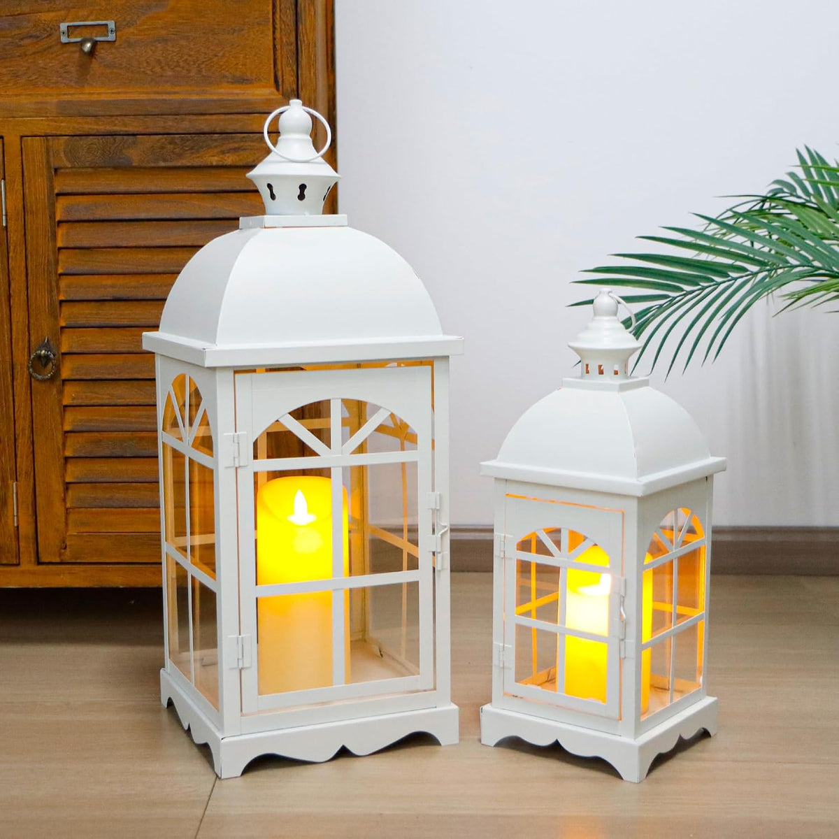 Candle Lanterns Set of 2 14.5 & 20 Inch White Vintage Farmhouse TRIROCKS