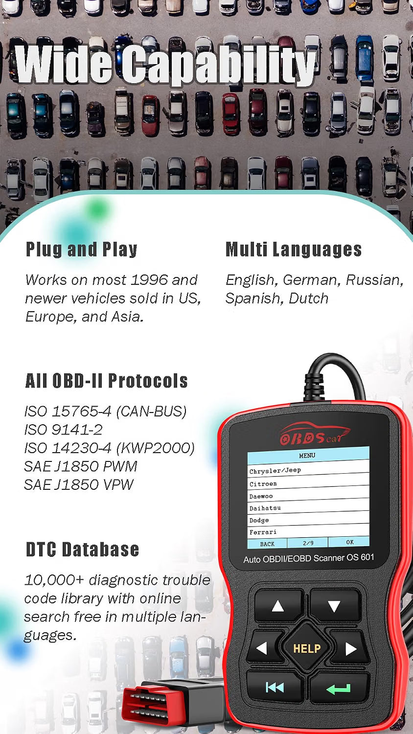 OBD2 Scanner Car Engine Fault Code Reader EOBD OBDII CAN Diagnostic Tool OS601