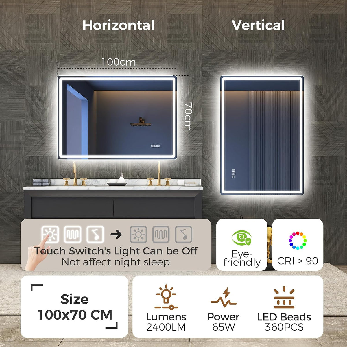 LED Bathroom Mirror 100x70cm Bluetooth Anti Fog Dimmable 3 Colour STARLEAD Vanity