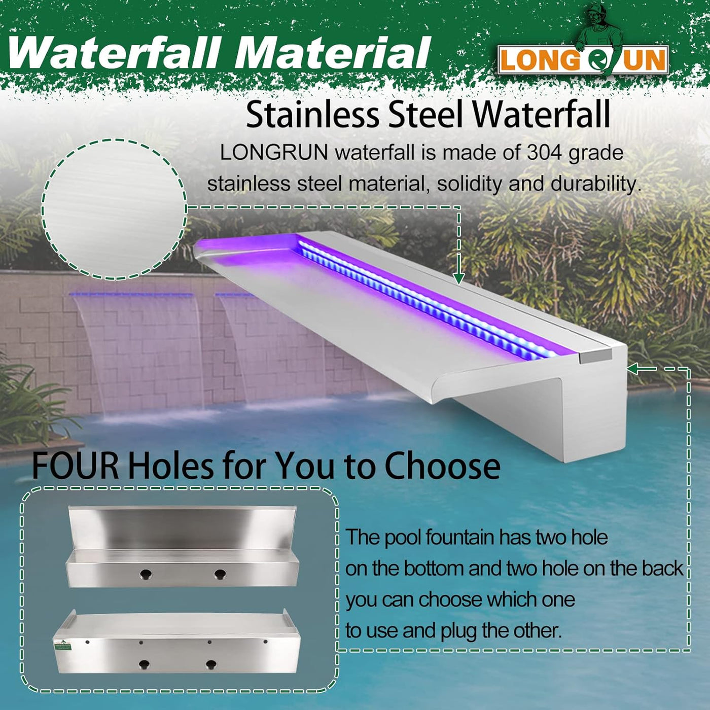 LONGRUN 90cm Stainless Steel Pond Waterfall Cascade with LED Light & Spillway