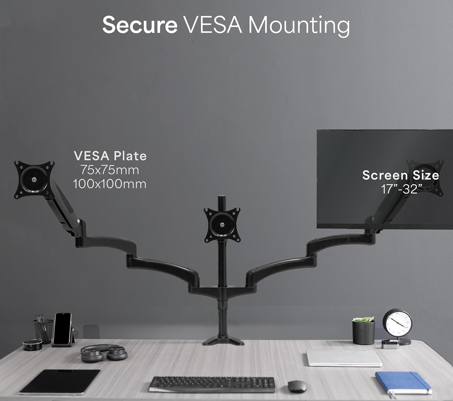 Triple Monitor Desk Mount 32 Inch Gas Spring VESA 100 Black VIVO STAND-V300G