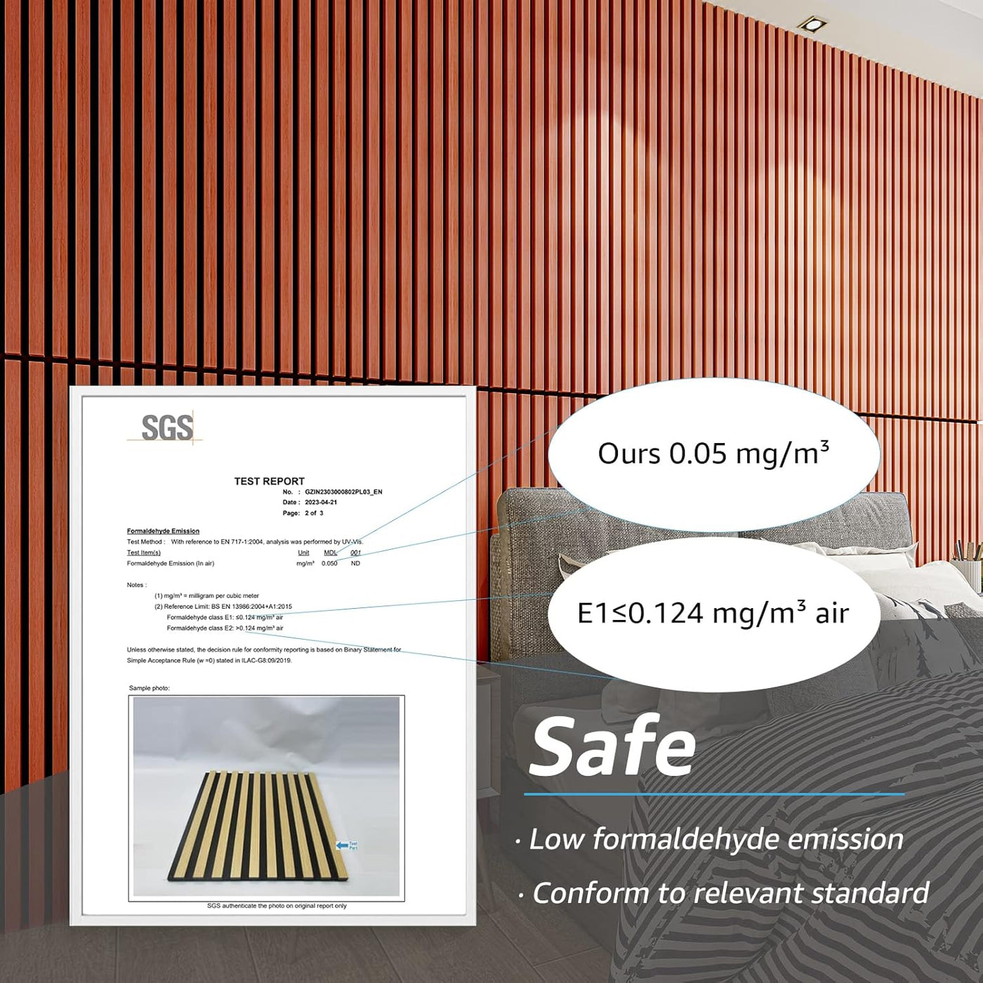 SGS test report on a wall with red horizontal stripes and a bed in the background