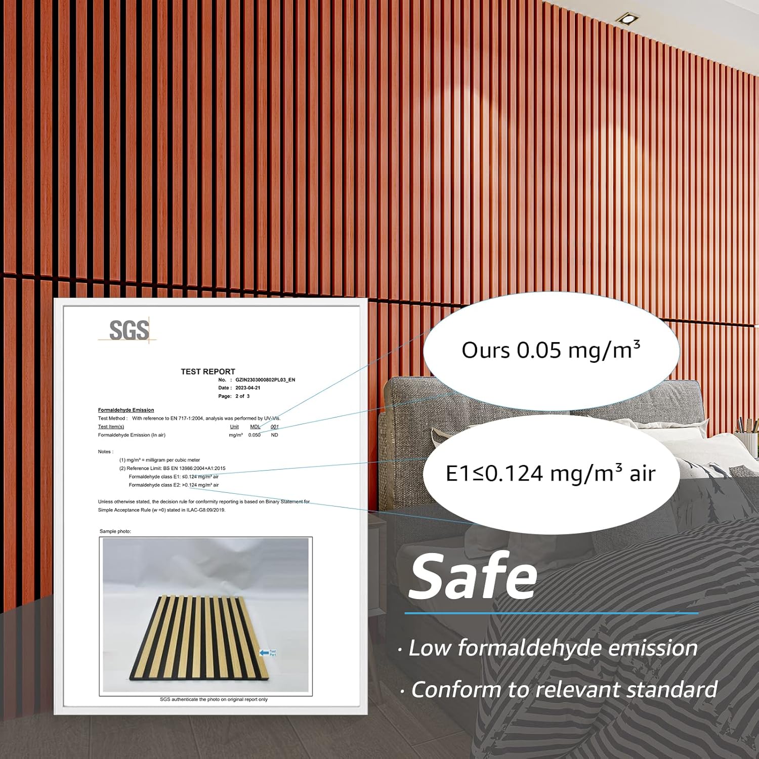 SGS test report on a wall with red horizontal stripes and a bed in the background