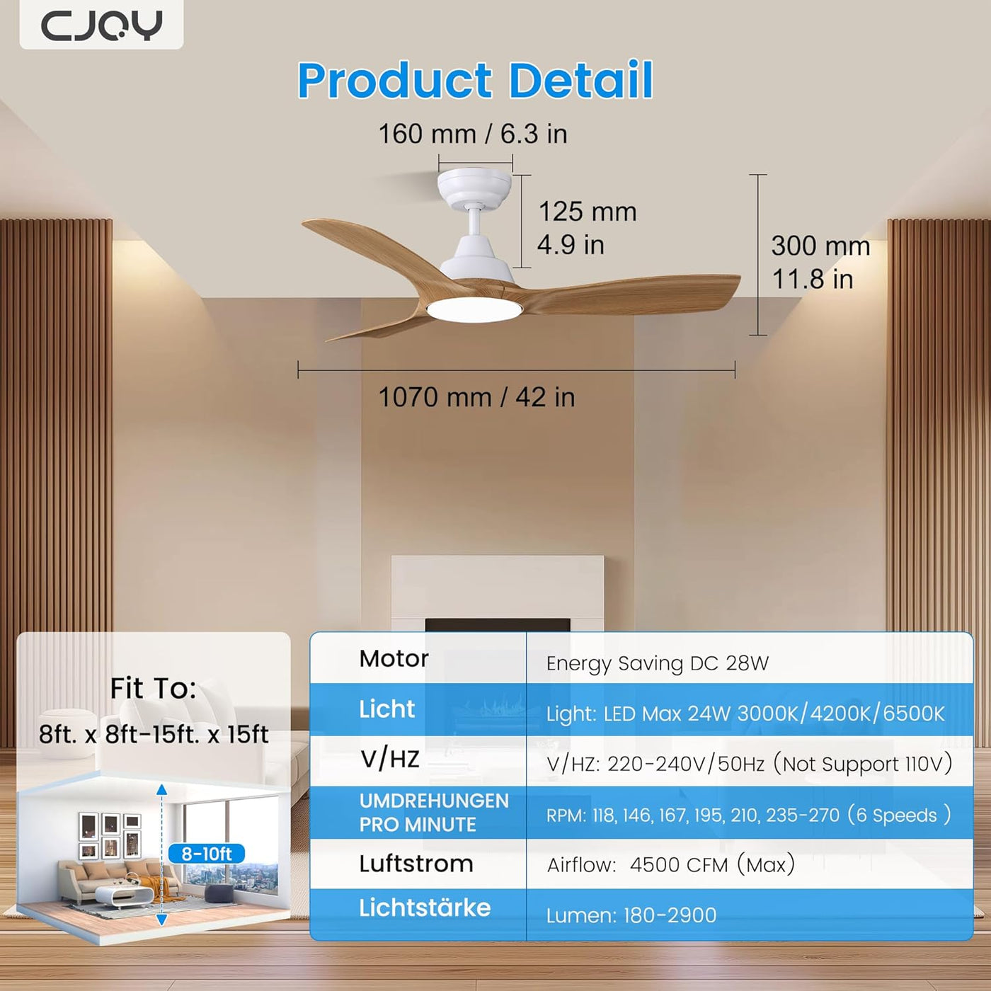 Ceiling fan with dimensions and specifications displayed on a living room background