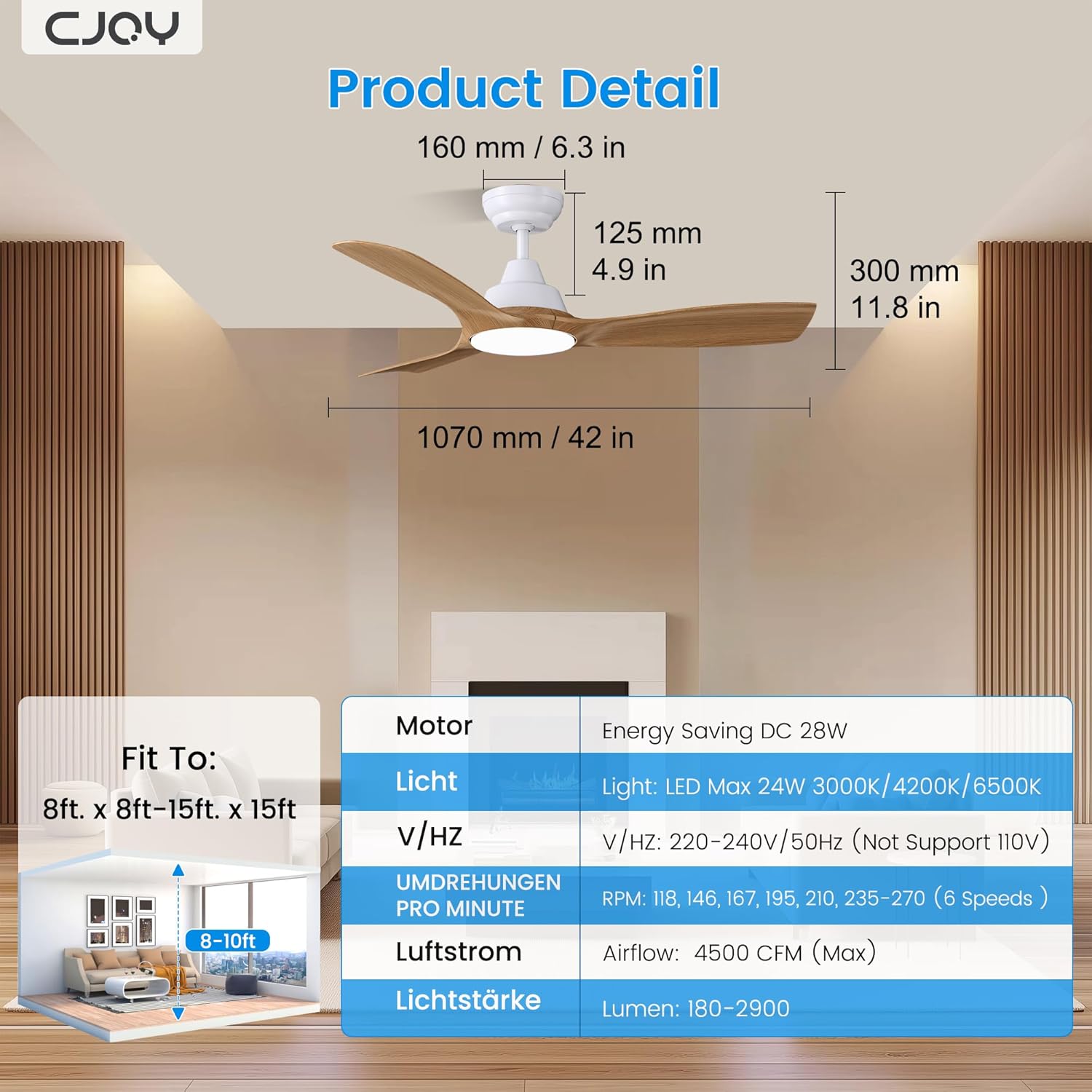 Ceiling fan with dimensions and specifications displayed on a living room background