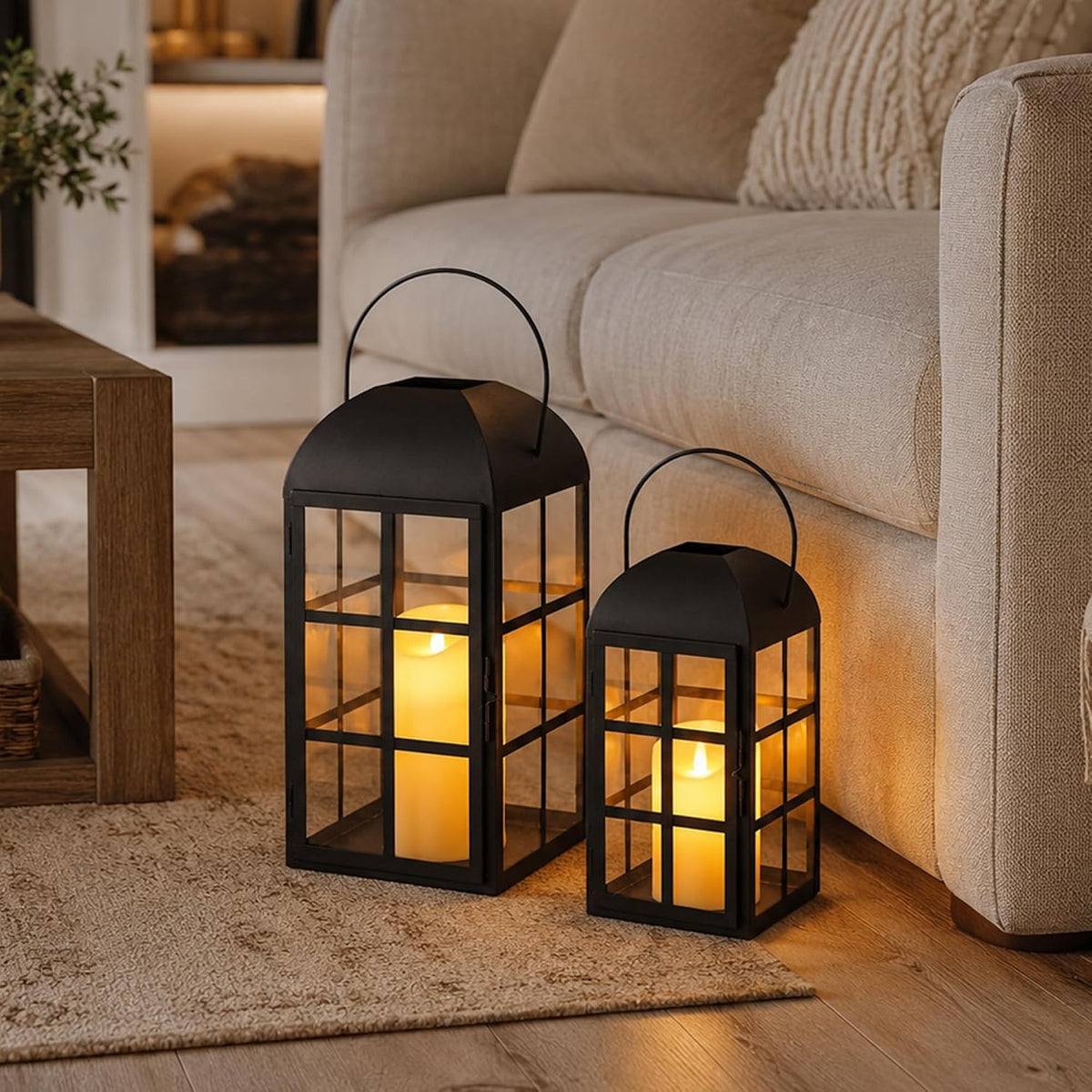 Candle Lanterns Set of 2 Black Vintage Metal Glass 35cm 27cm Outdoor TRIROCKS