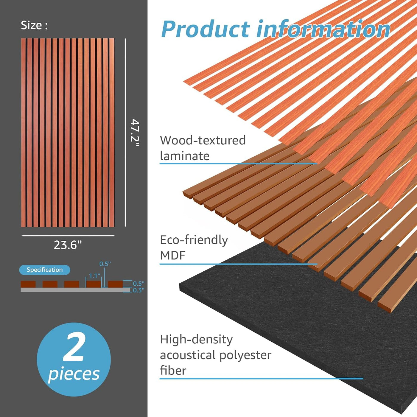 Wood-textured laminate panels with product information on a gray background