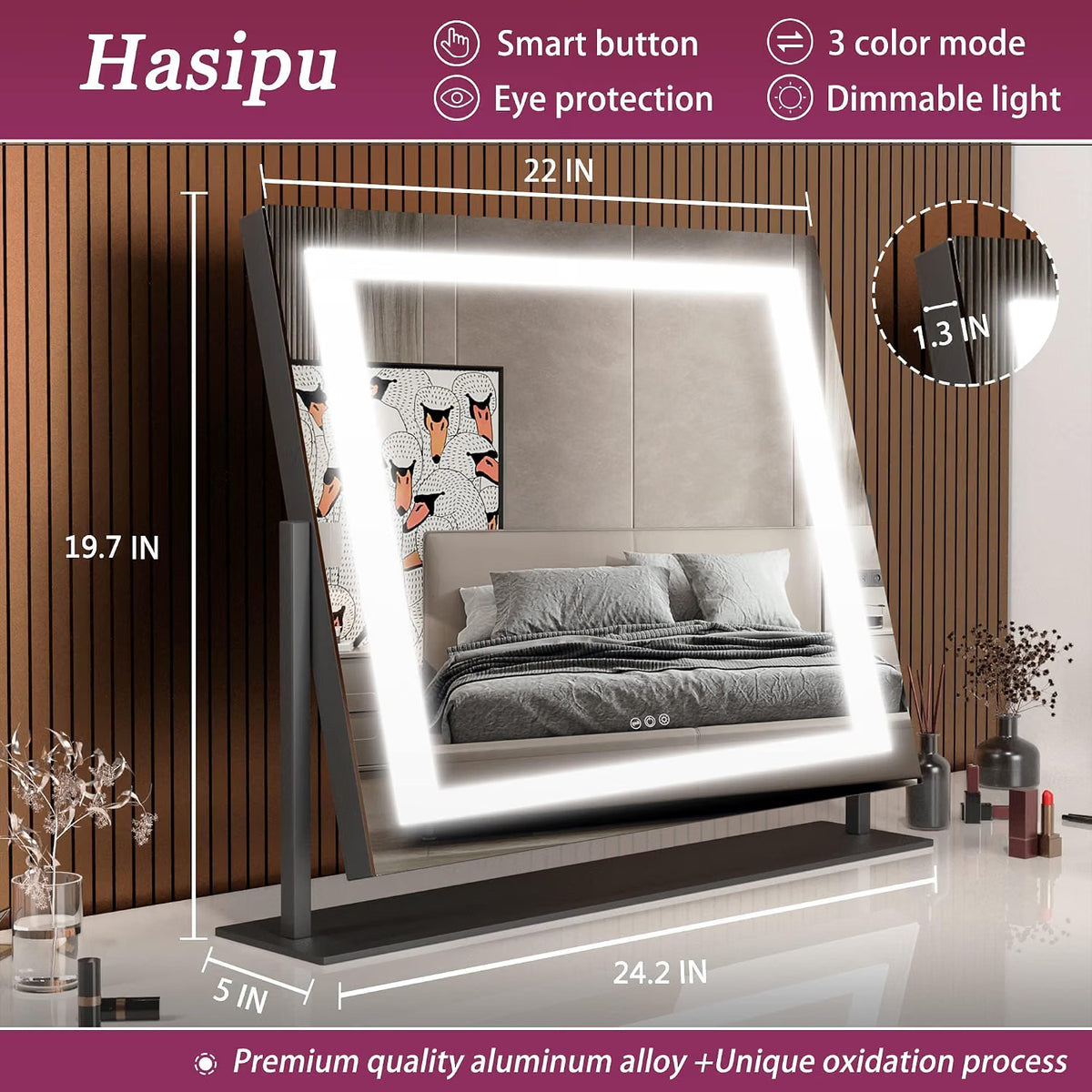 Vanity Mirror 58x48cm LED Lights 10X Magnification 3 Colour Dimmable Hasipu Black