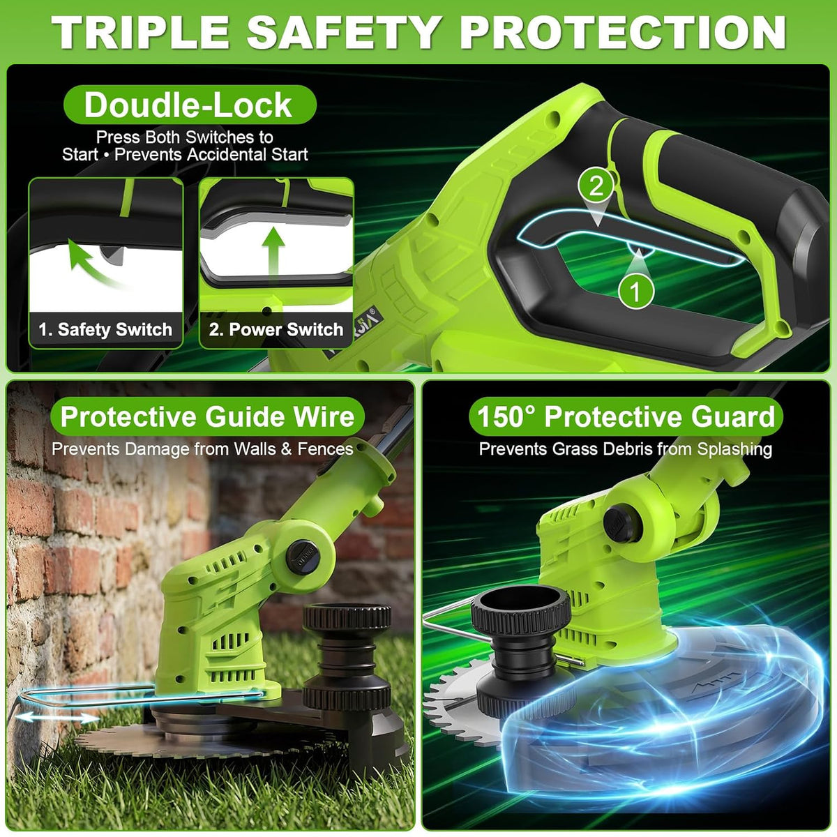Cordless Brush Cutter Lawn Mower 2x2000mAh Batteries 6 Metal Blades VOERJIA Garden