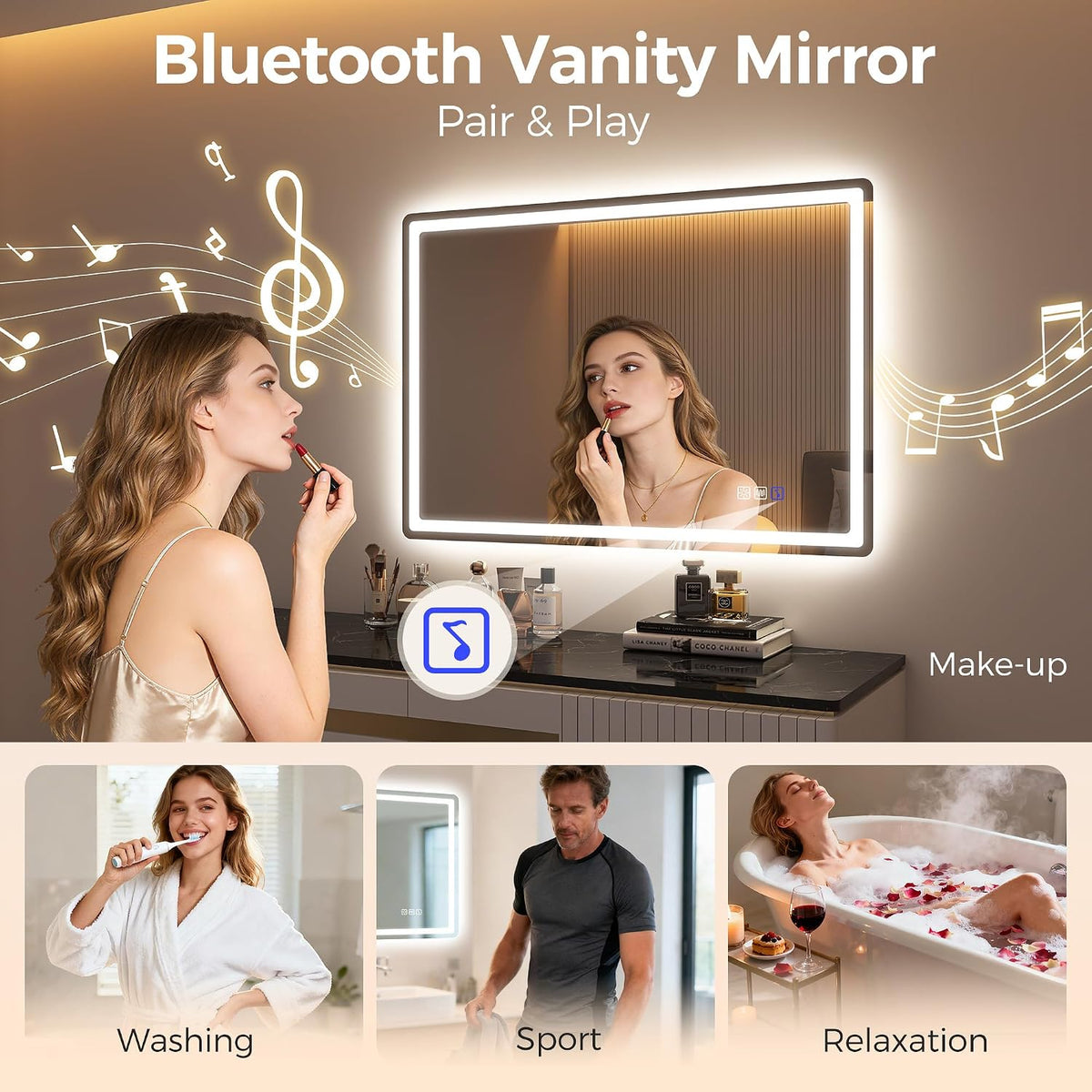 LED Bathroom Mirror 100x70cm Bluetooth Anti Fog Dimmable 3 Colour STARLEAD Vanity