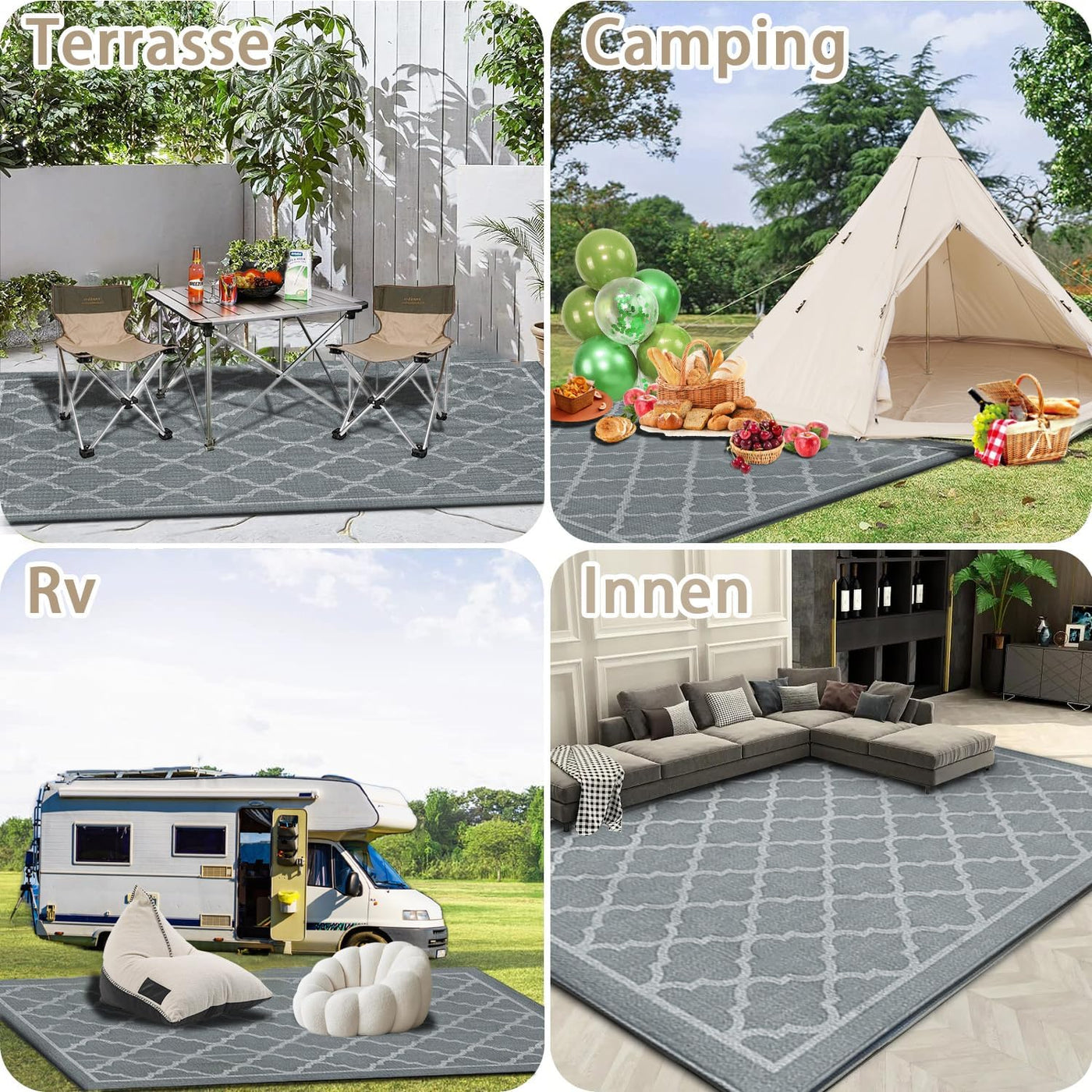 RV MURTS Waterproof Outdoor Rug 120x180cm UV-Resistant Patio Garden Mat, Grey