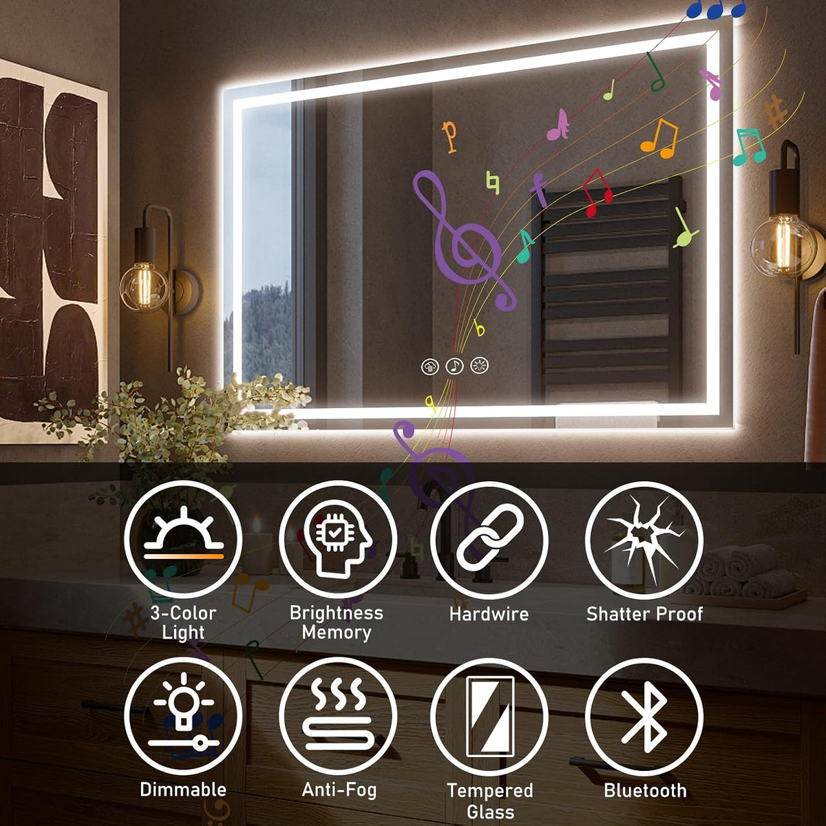 LED Bathroom Mirror 100x70cm Bluetooth Anti Fog Dimmable Frontlit Ratsamee