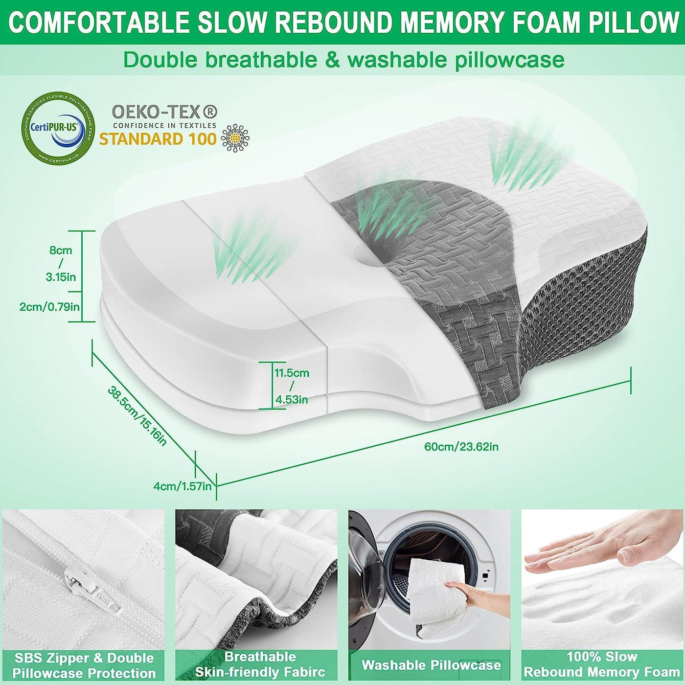 Elviros Memory Foam Neck Pillow for Side Sleeping, 60x38x8cm Queen Size - Massive Discounts