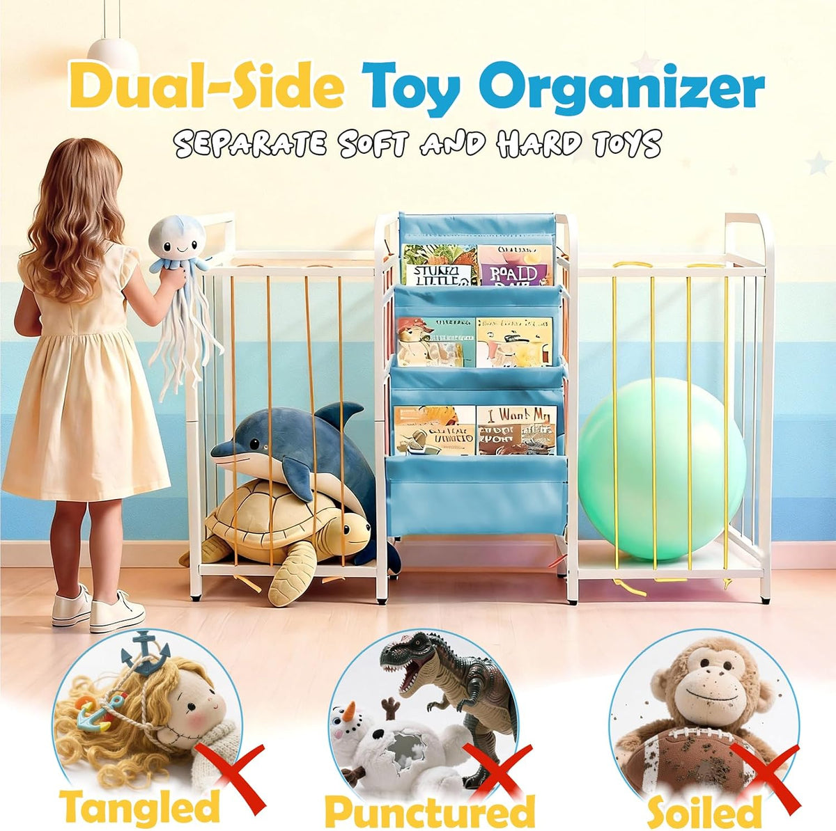 Kids Toy Storage Organiser 3 Tier Bookshelf Montessori White Blue Nursery Unit