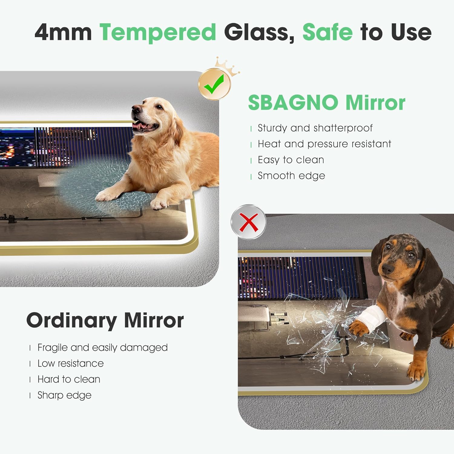 Comparison of tempered glass and ordinary mirror with a dog and a broken mirror.