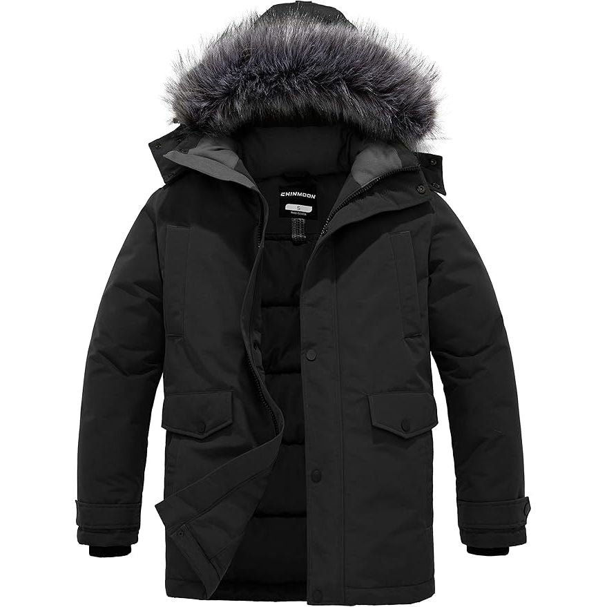 Black winter coat with fur-lined hood on a white background