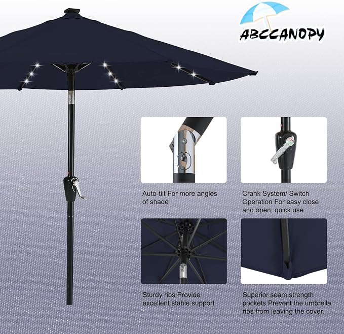 Solar Patio Umbrella LED Lights Tilt Crank Garden Deck Pool Parasol ABCCANOPY