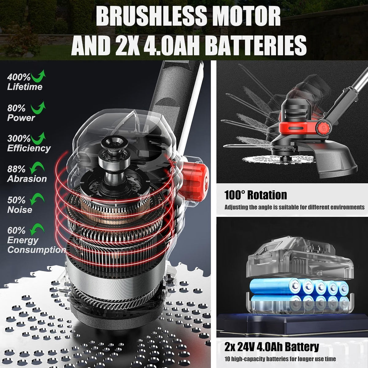 Cordless Strimmer 24V Brushless 30cm 2x4.0Ah Batteries Wheels Metal Blades Garden