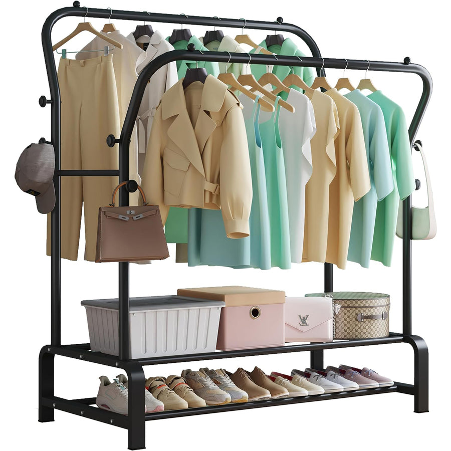 SMILOVII 3-in-1 heavy-duty clothes rail with double garment rails, hooks, and shelves for organized storage. Strong metal rack, easy assembly, perfect for any space.