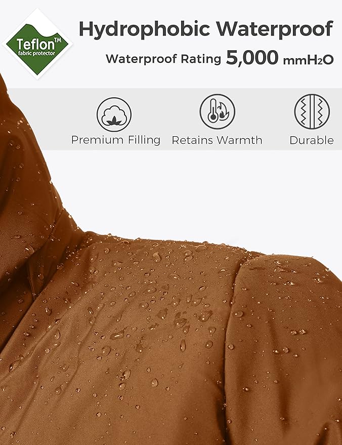 Brown jacket with water droplets on a white background, featuring Teflon fabric protector branding.
