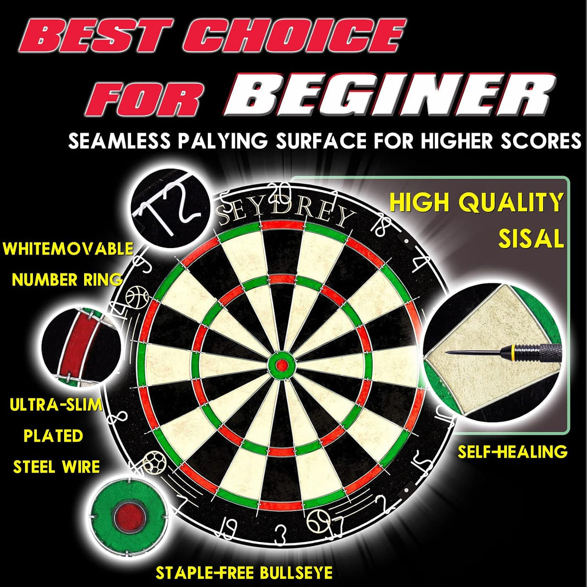 Dartboard Set Steel Tip 6 Darts 12 Flights Rotating Number Ring Bullseye Game Kit