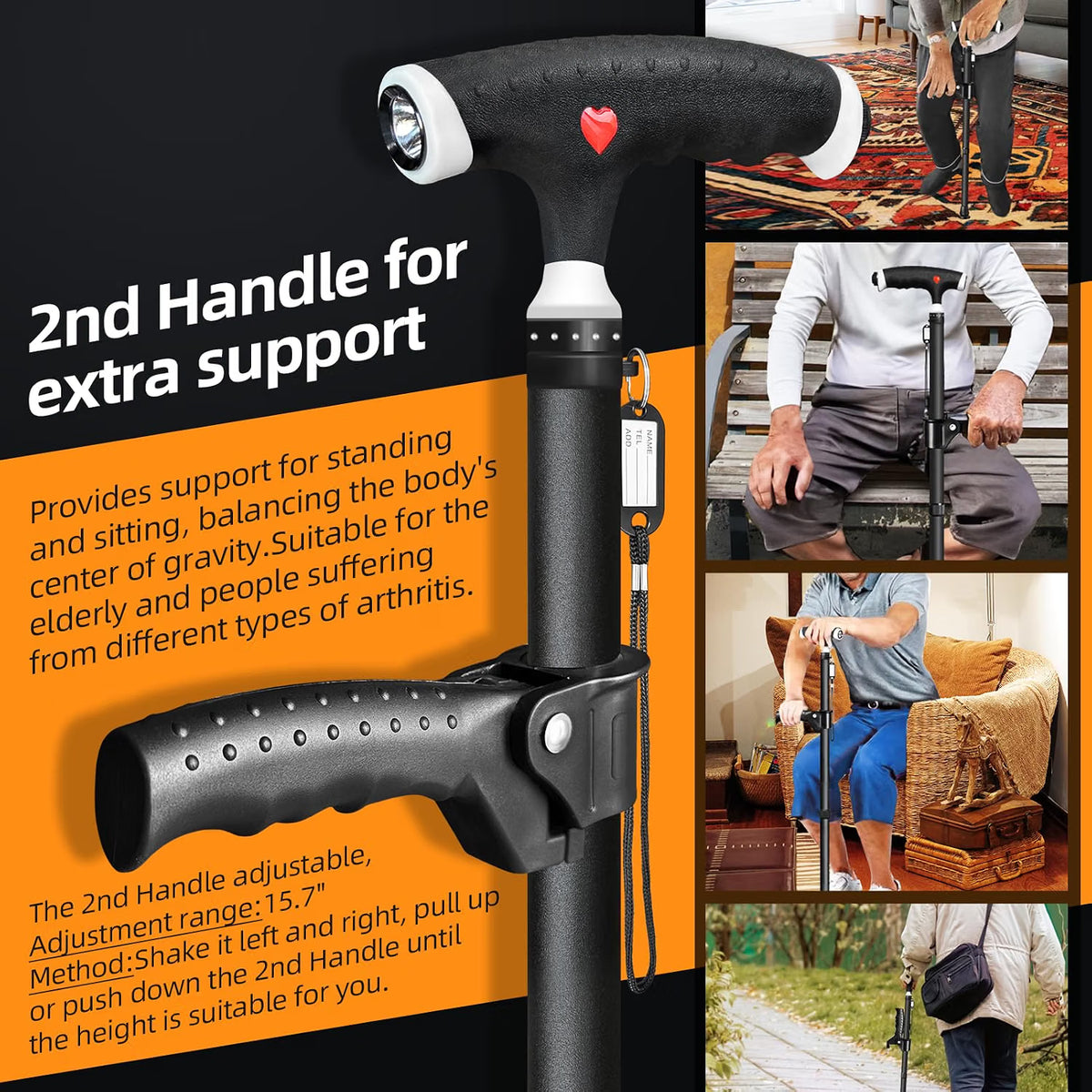 Adjustable Walking Stick Light 2nd Handle Extra Support Seniors Men Women Cane
