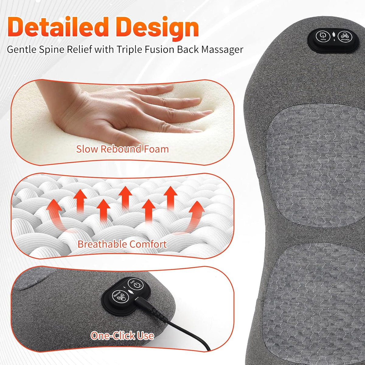 Back Massager 3 in 1 Neck Lower Back Therapy Heat Pain Relief Grey TheraBack