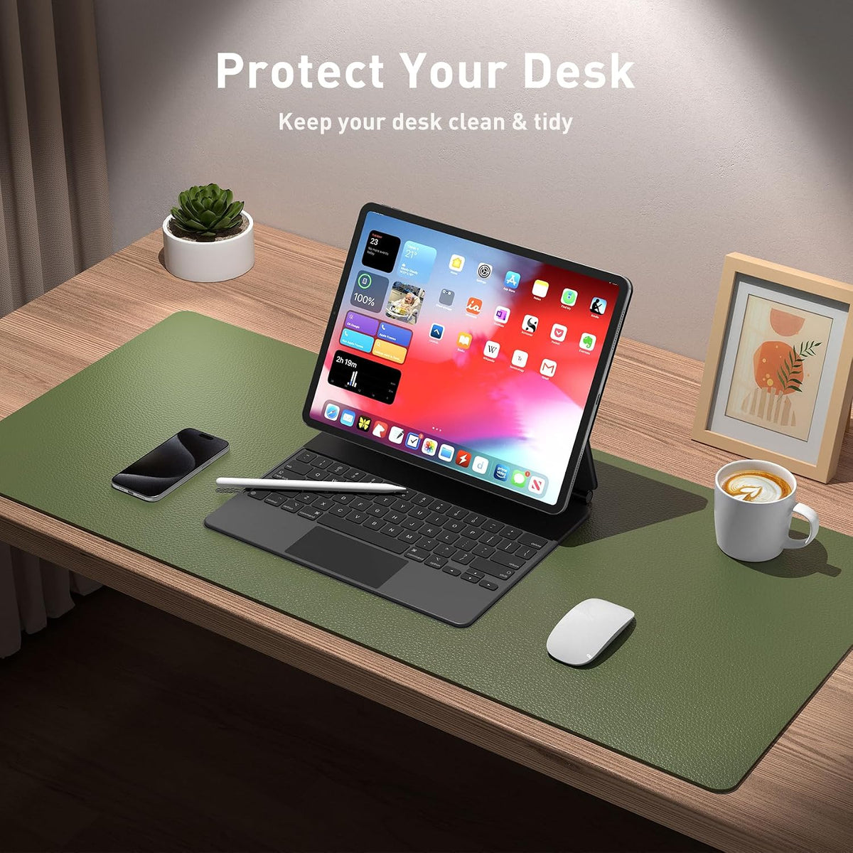 Desk Mat 120x60cm PU Leather Large Mouse Pad Olive Green Office Aothia