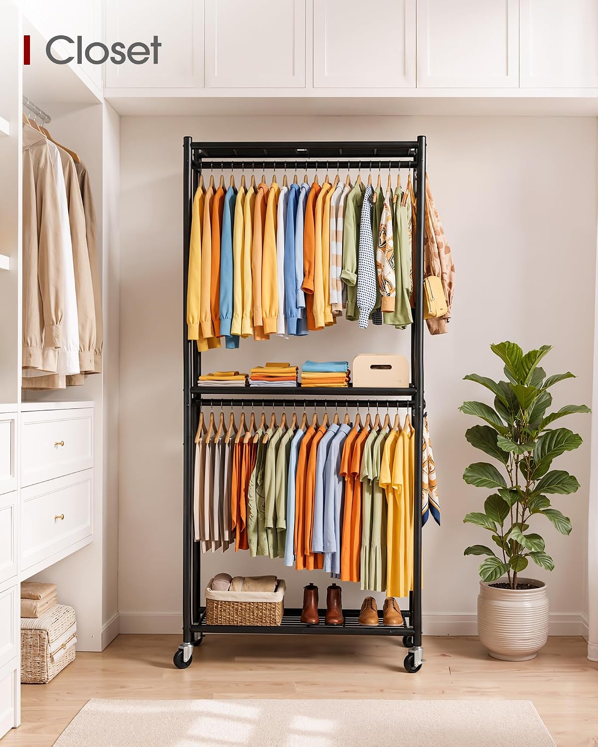 Clothing Rack 202cm Metal Garment Rail Shelves Hooks Wheels Black Sakugi Storage