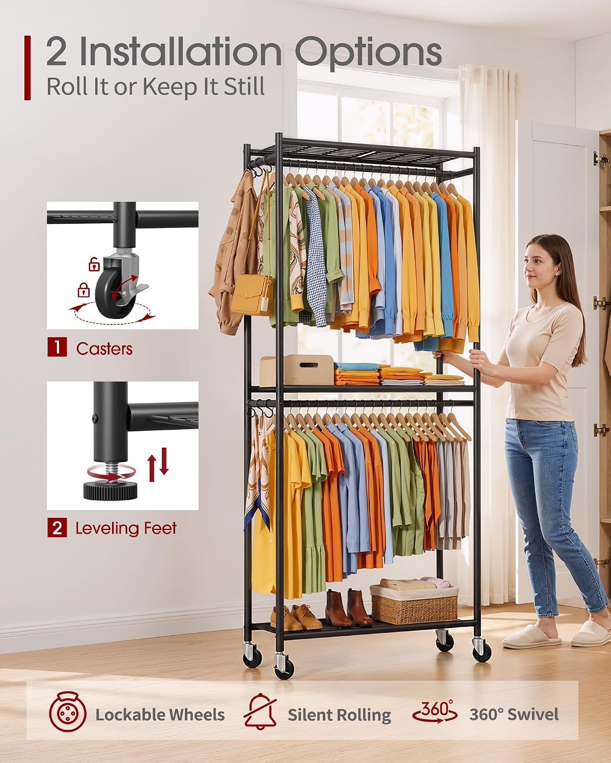 Clothing Rack 202cm Metal Garment Rail Shelves Hooks Wheels Black Sakugi Storage