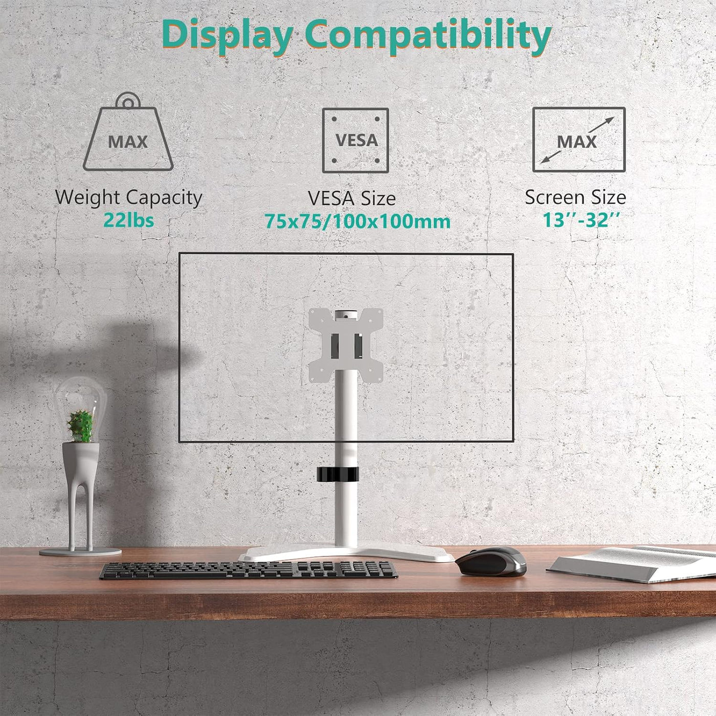 Single Monitor Stand 32 Inch Free Standing Adjustable VESA White WALI