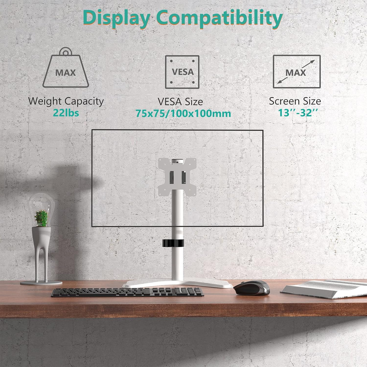 Single Monitor Stand 32 Inch Free Standing Adjustable VESA White WALI