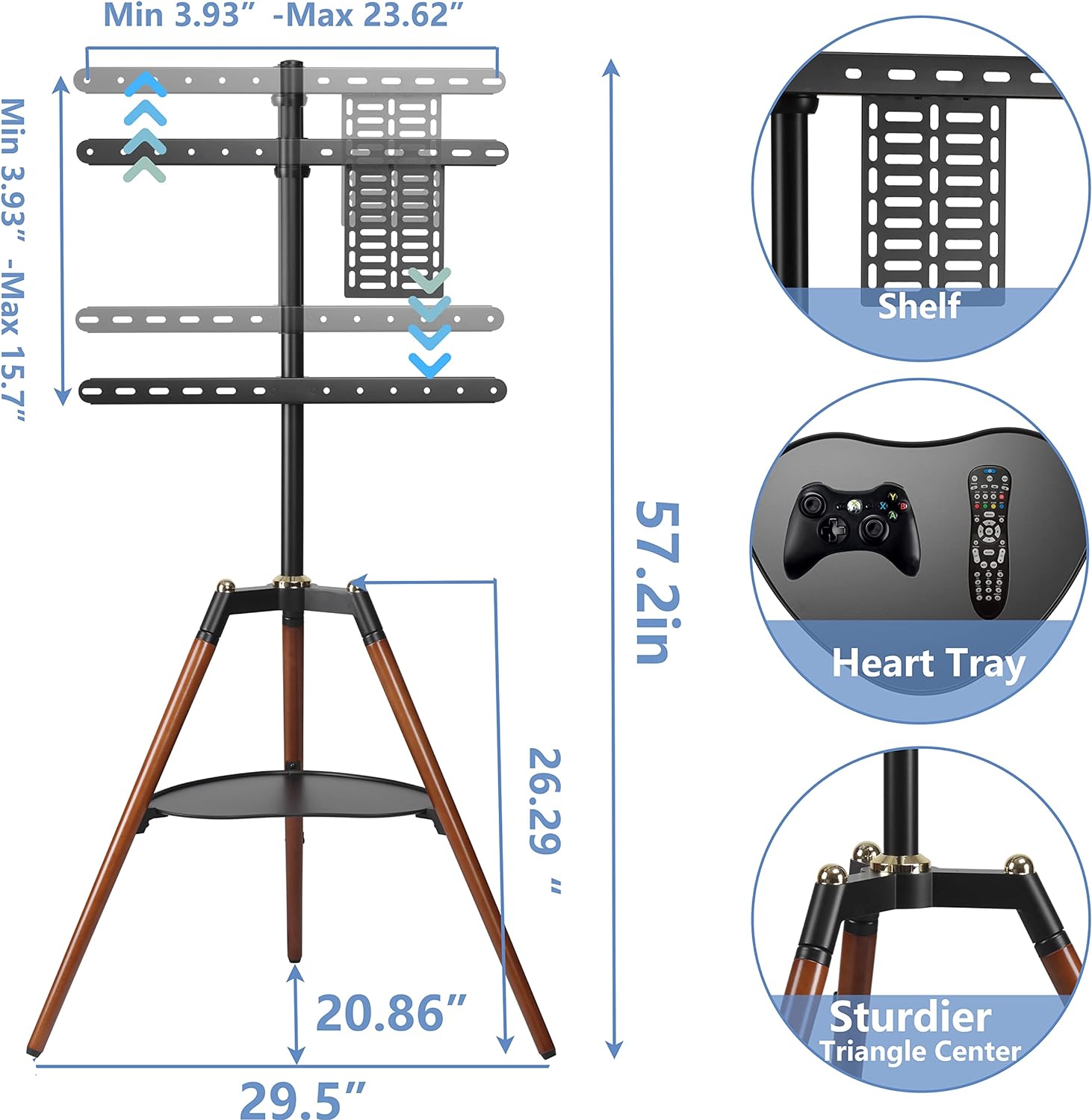 ETHU Tripod TV Stand, Height Adjustable 32-65'' LED LCD Display with 140° Swivel