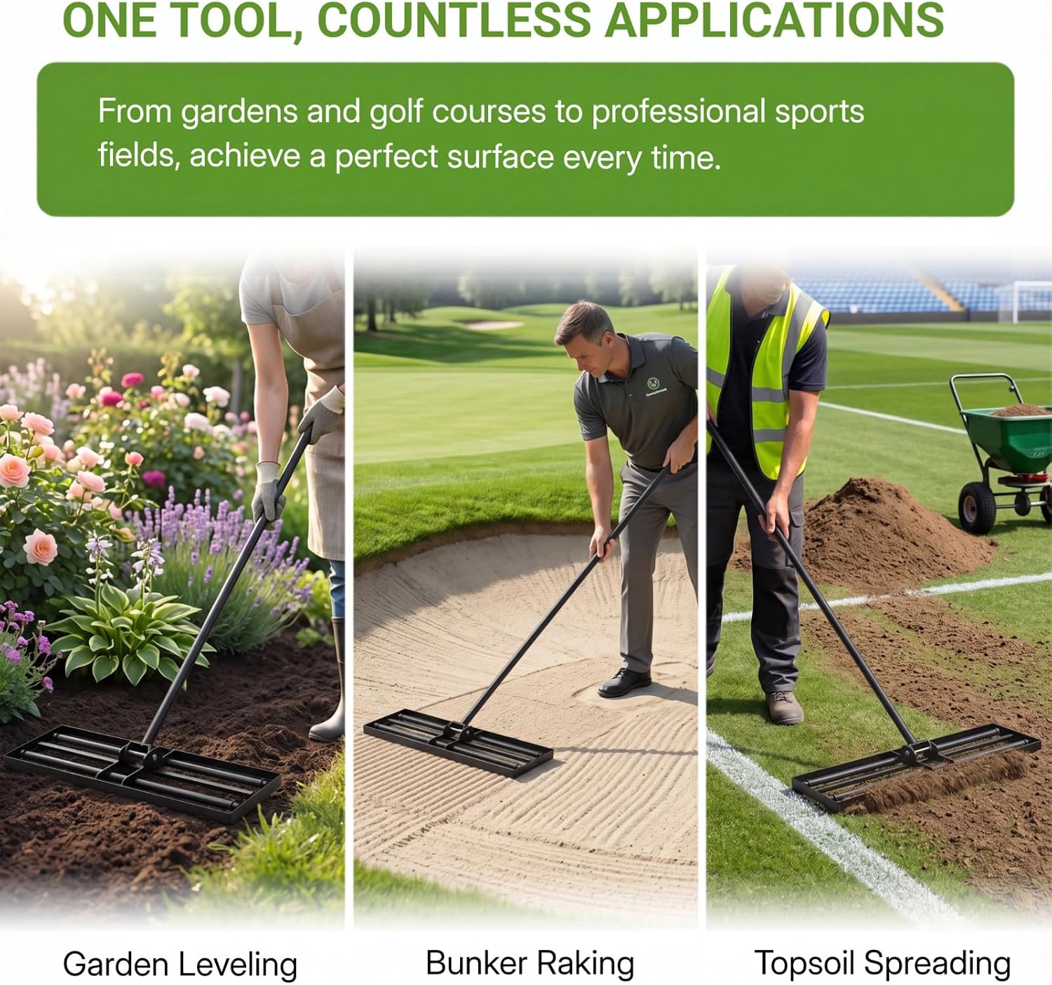 Lawn Levelling Rake 76x25cm Rolling Head 207cm Adjustable Handle A3 Steel Garden