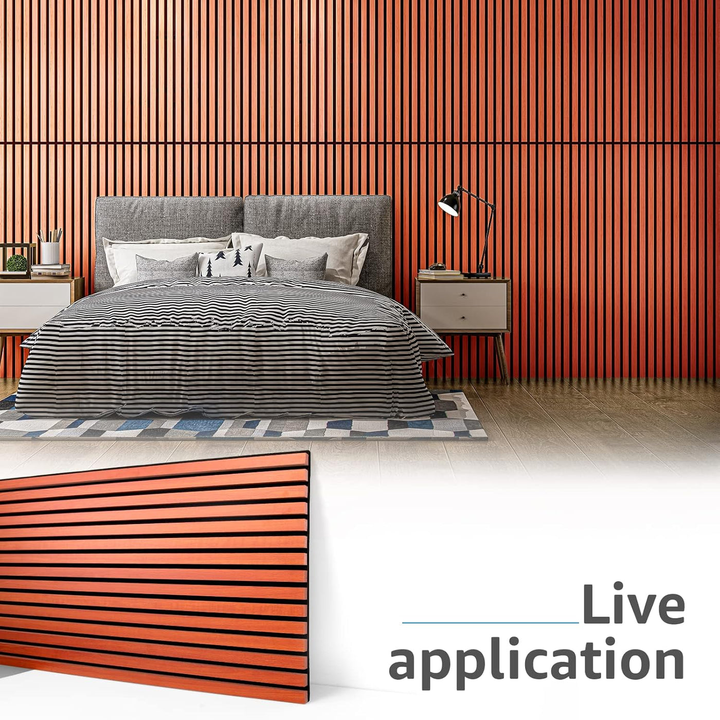 Modern bedroom with gray bed and wooden wall, featuring 'Live application' text.