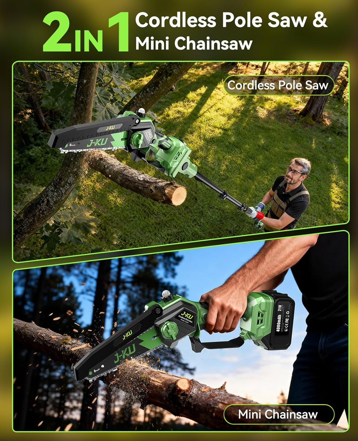 Cordless Pole Saw 6 Inch 2 in 1 Mini Chainsaw Extension Pole 2 Batteries Pruner