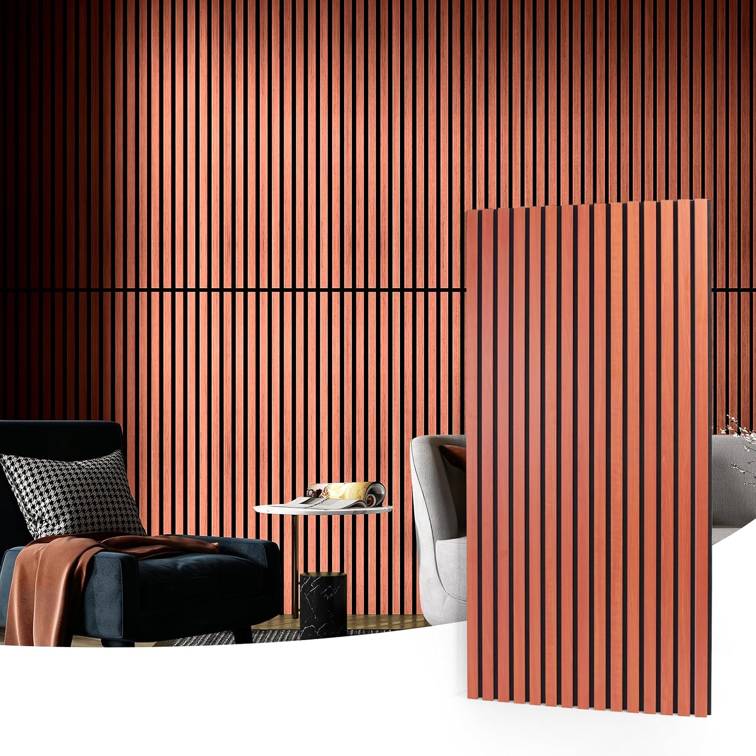 Modern room divider with vertical slats in a living room setting