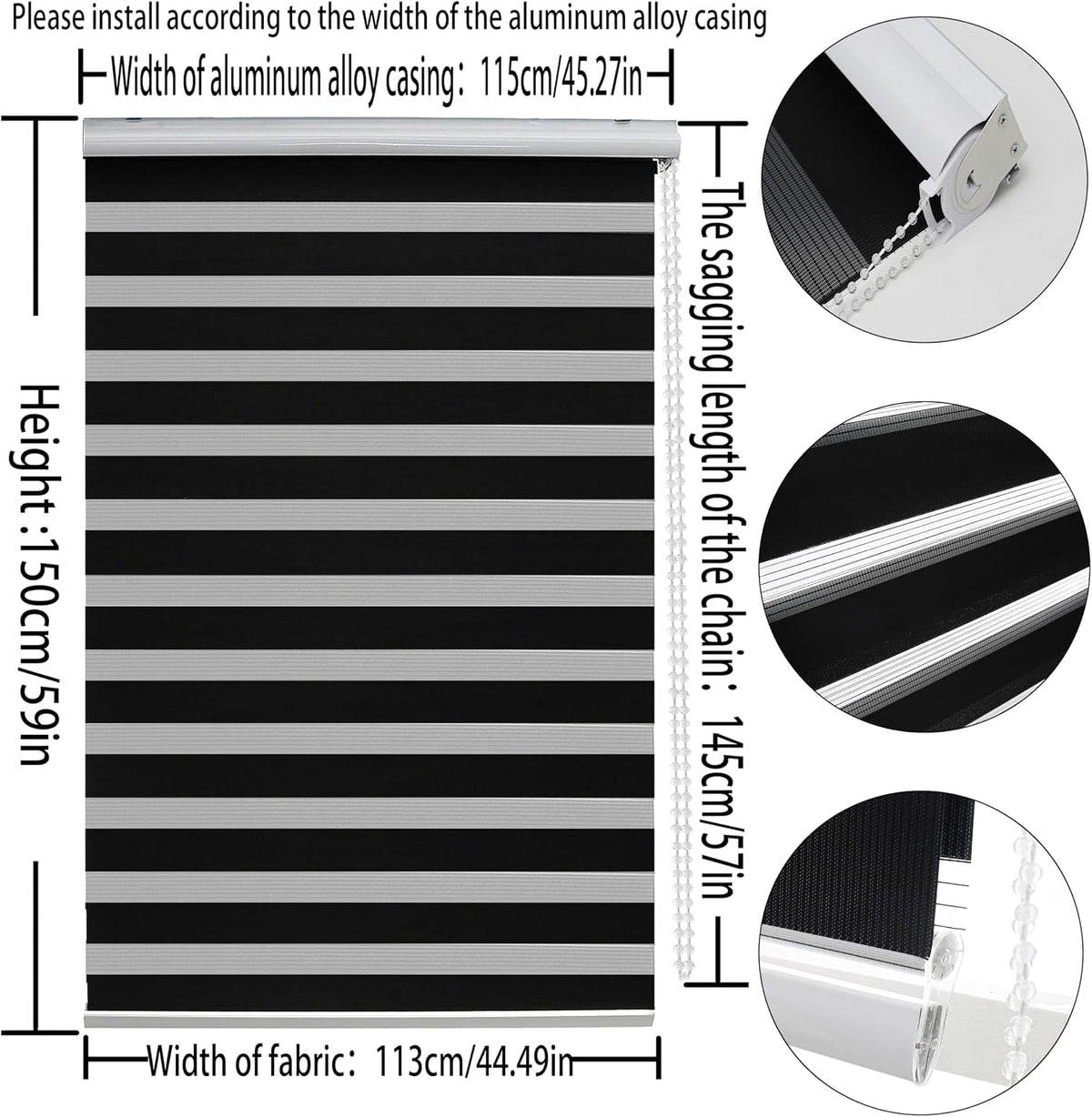 Zebra Roller Blind 115x150cm Day Night Window Curtain Black Taiyuhomes