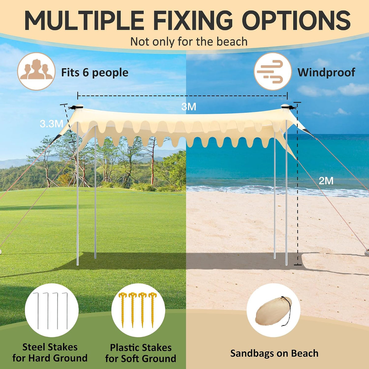 Beach Tent 3x3.3m UPF50+ UV Sun Shade Large Outdoor Shelter VILLEY Camping Canopy