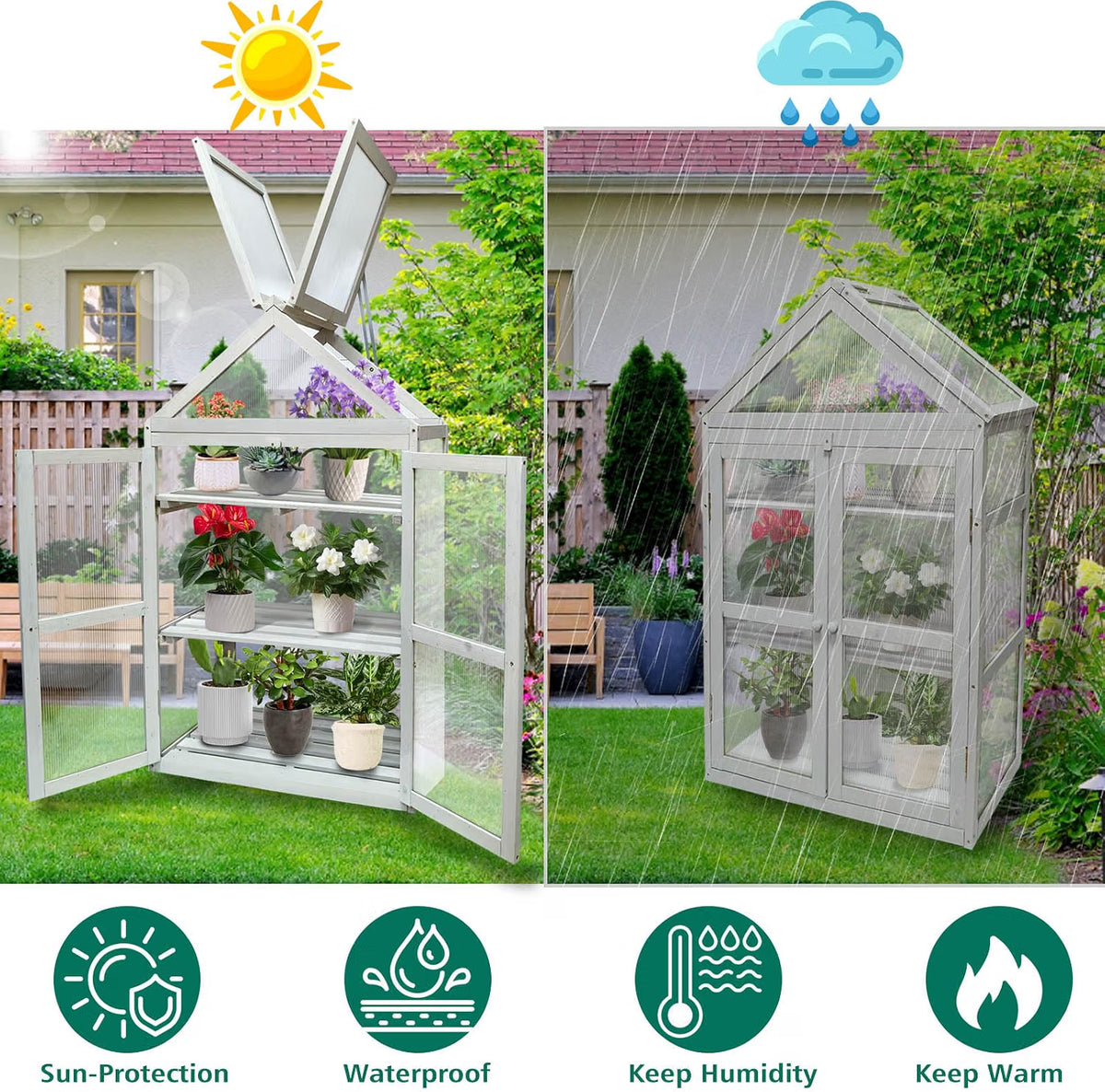 Wooden Greenhouse Cabinet 3 Tier Plant Stand Polycarbonate Panels Discoball Garden