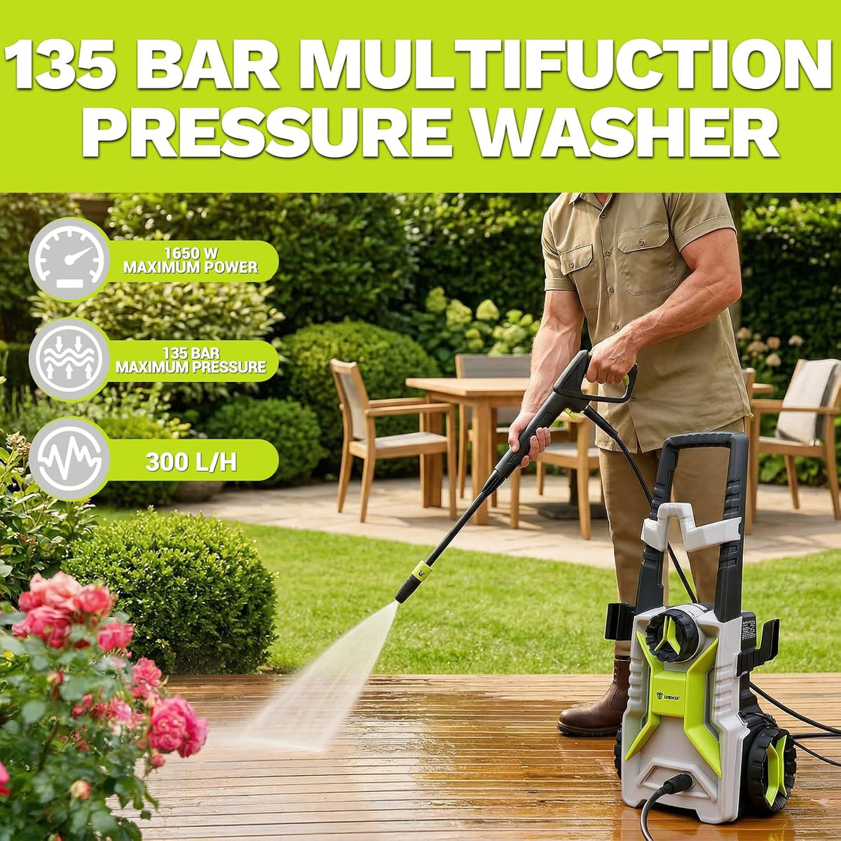 Pressure Washer 135 Bar 1650W 300L/H High Pressure Jet Cleaner DEKOPRO