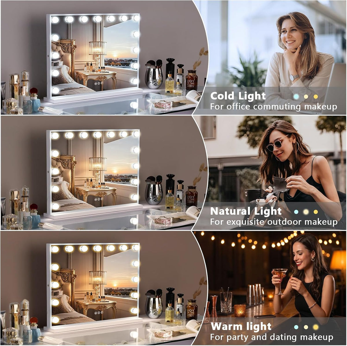 Hollywood Vanity Mirror 58x46cm 15 LED Lights Type-C Makeup FENCHILIN White