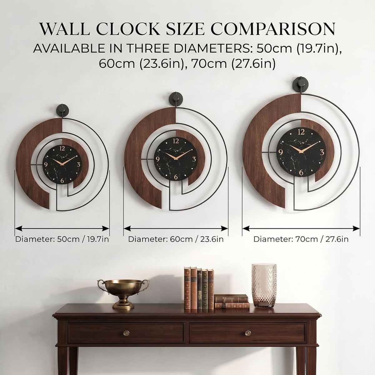 Wall Clock 50cm Walnut Marble Dial Silent Non Ticking Wood Metal Frame Modern
