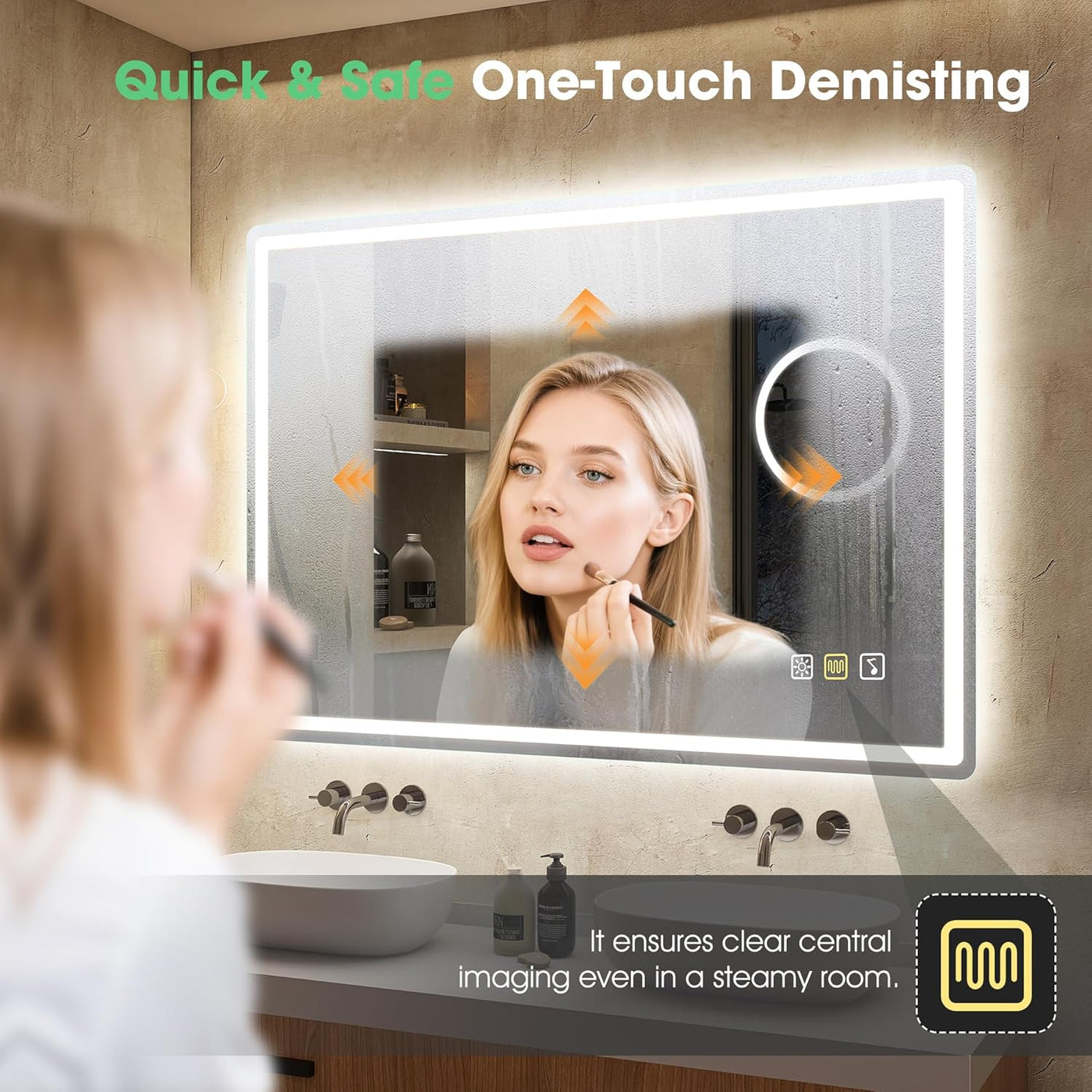 Bathroom vanity with a mirror featuring one-touch demisting technology, showing a woman applying makeup.