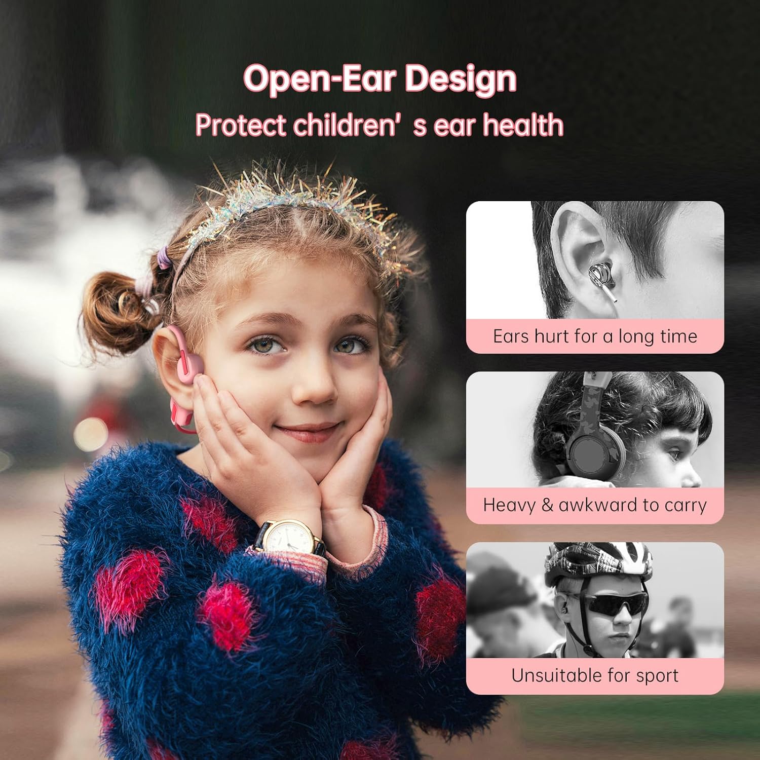 Child wearing ear protection with text about open-ear design benefits