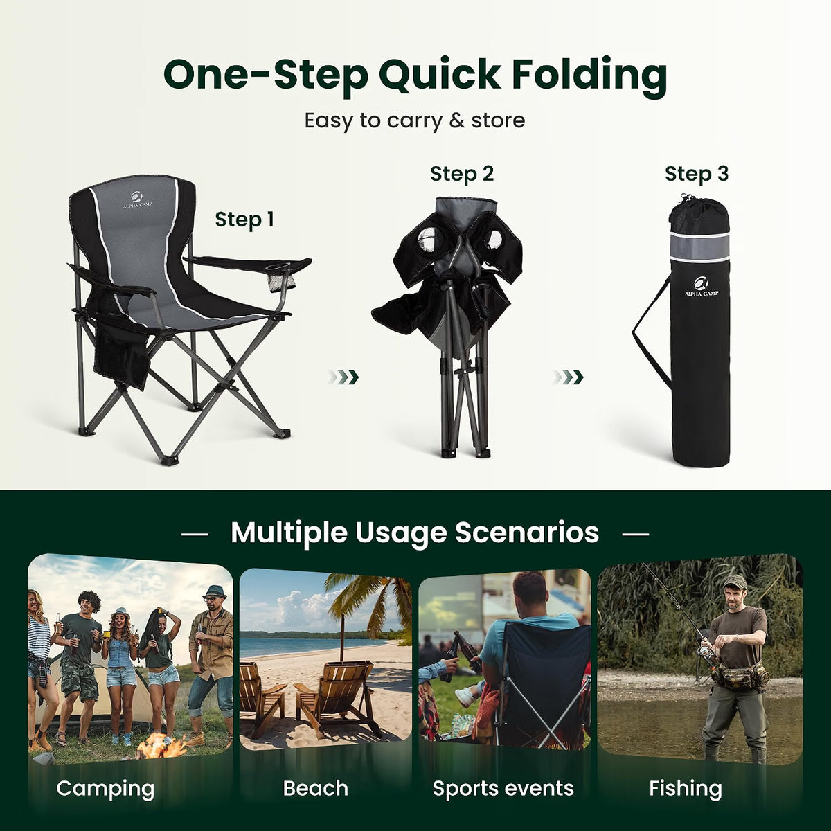 Camping Chair Heavy Duty Folding Outdoor Chair Adults Grey ALPHA CAMP Portable