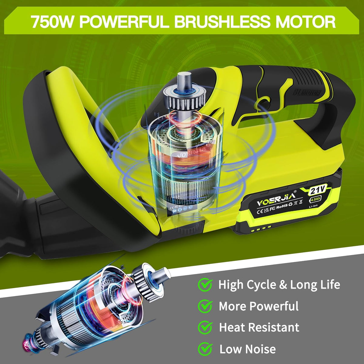 Cordless Hedge Trimmer 50cm Brushless 2x4.0Ah Batteries Garden Cutter VOERJIA