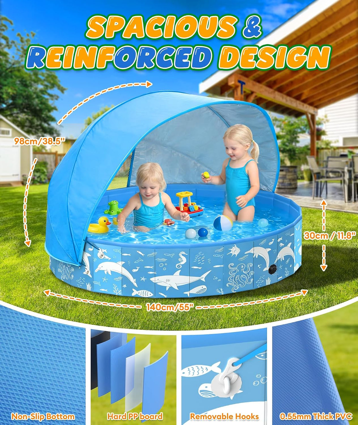 Foldable Dog Pool 140x30cm Canopy UV Sun Protection Outdoor Pet Paddling EPN