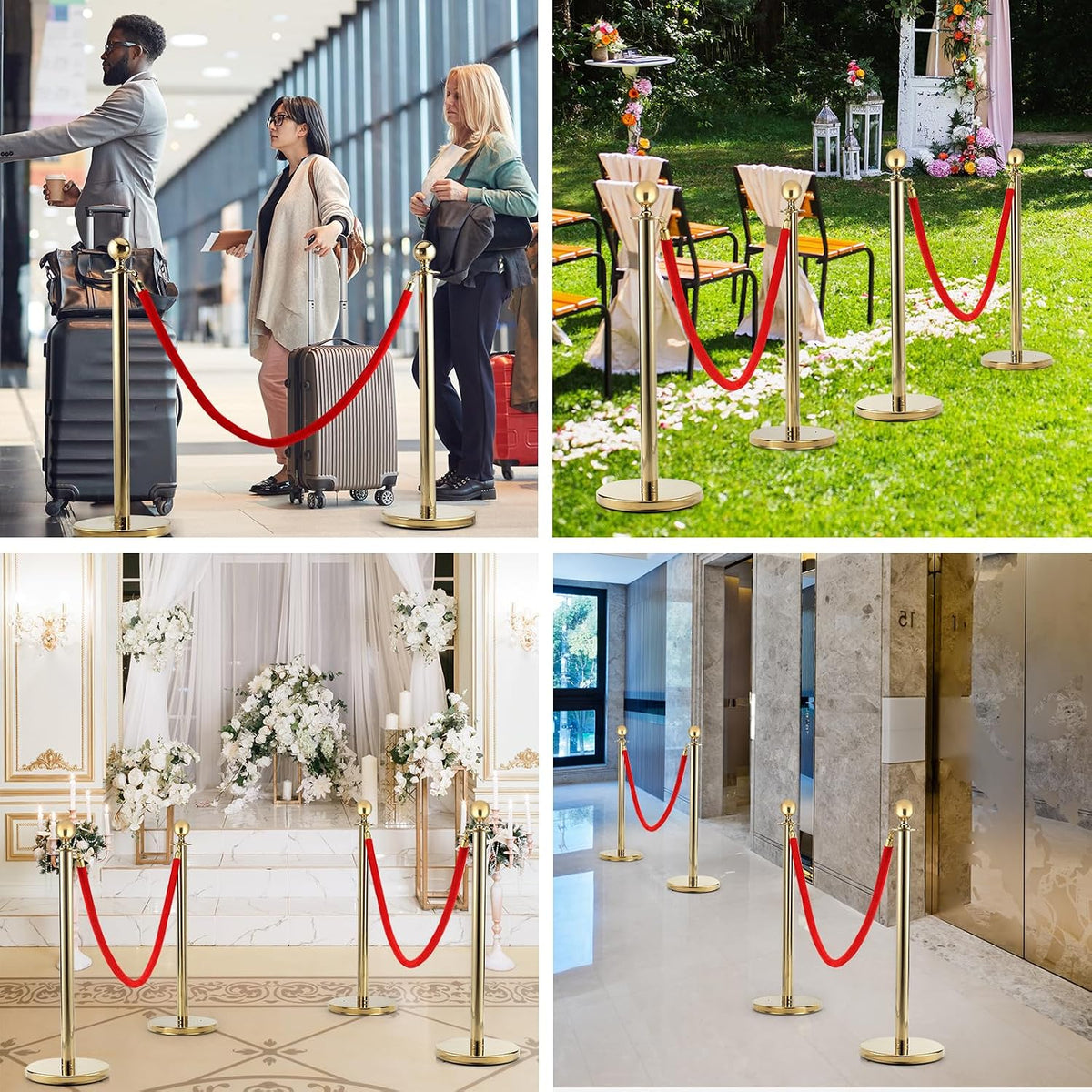 Queue Barrier Posts 4 Pack Gold Stanchions 3 Red Velvet Ropes Crowd Control